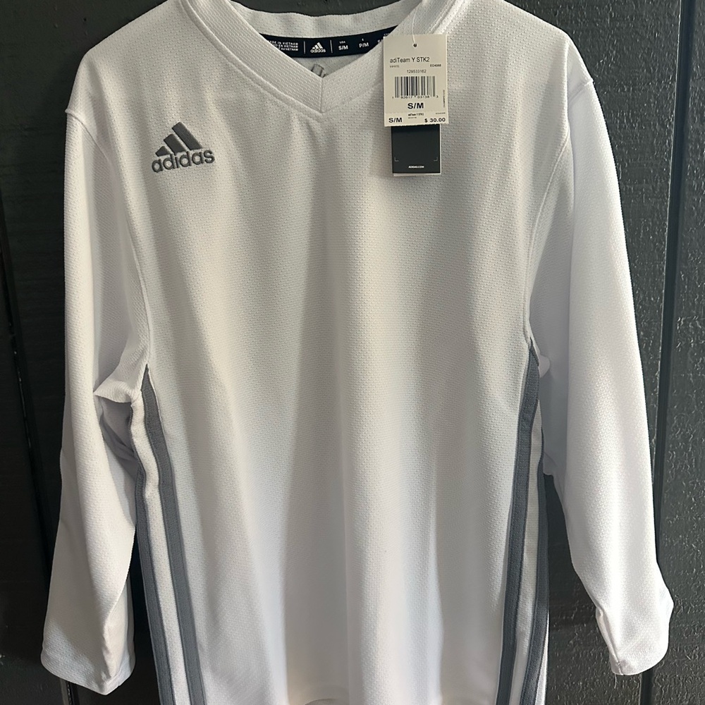 Adidas White Hockey Jersey with Crew Neck and Long Sleeves